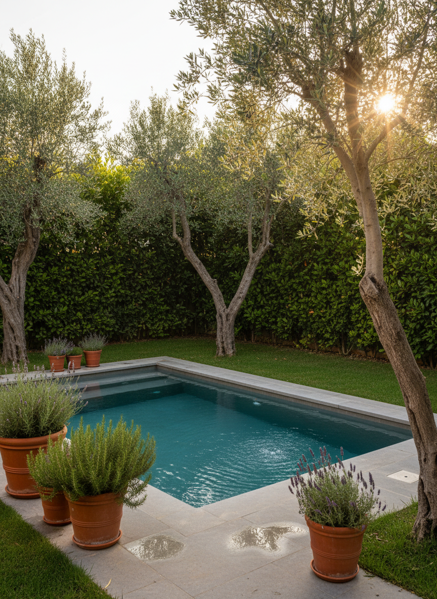 A secluded villa garden corner in Çamköy designed for quiet relaxation, featuring a small private plunge pool with crystal-clear water, encircled by smooth stone paving and dense evergreen hedges for complete privacy. Mature olive trees with silvery-green leaves cast dappled shadows on the water’s surface, while terracotta pots with rosemary and lavender add texture and color. Warm late-afternoon sunlight filters through the branches, creating a serene interplay of light and shade. Captured from a slightly elevated, three-quarter angle, focusing on the pool while allowing the lush greenery to form a soft, enveloping background. The mood is peaceful and exclusive, with a refined, organic elegance that highlights the concept of “korunaklı” private villa gardens in realistic, high-end photographic style.