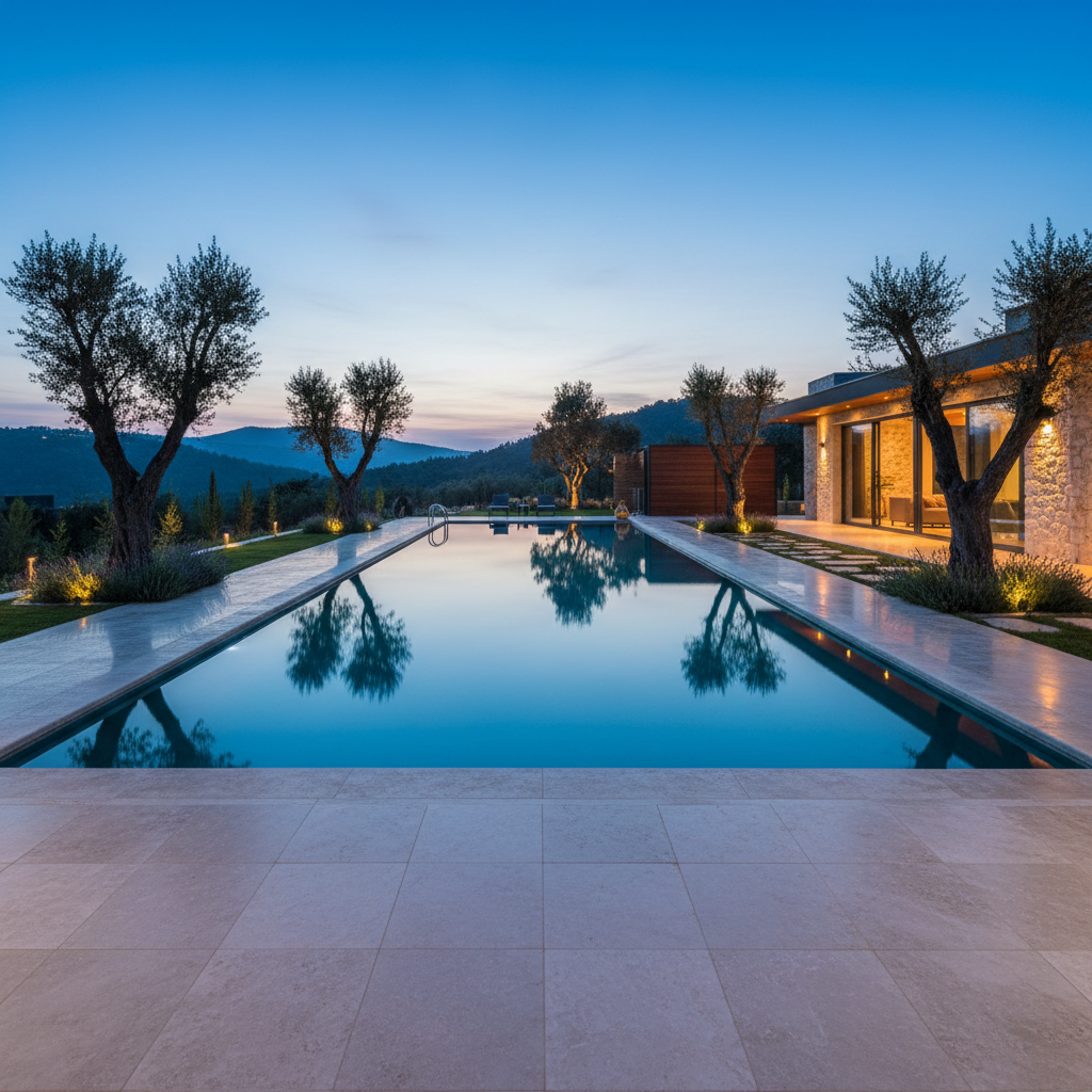 An elegant infinity-edge swimming pool framed by smooth travertine tiles, reflecting the soft blue sky and the silhouettes of mature olive trees around it. At the far end, a modern stone-and-wood villa with large floor-to-ceiling windows glows warmly from interior lighting. Low garden lighting discreetly illuminates landscaped pathways and aromatic shrubs. Captured at blue hour, just after sunset, with a balanced blend of natural twilight and subtle artificial lights, creating a tranquil, luxurious atmosphere. Shot from a slightly elevated angle to emphasize the pool stretching toward distant forested hills, with sharp focus throughout. The mood is calm, refined, and exclusive, evoking high-end Fethiye villa living in a clean, modern, photographic style.