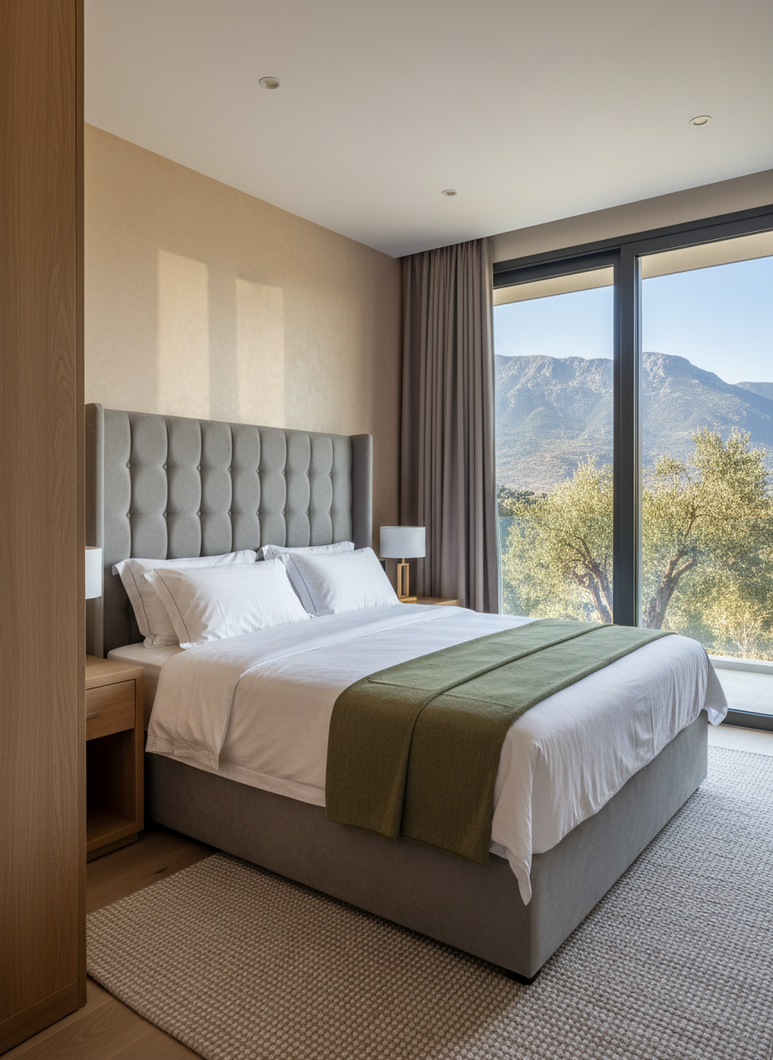 A refined master bedroom in a Fethiye villa featuring a king-sized bed with a tall upholstered headboard in dove gray, dressed in crisp white linens and a subtle olive-green throw. A floor-to-ceiling glass door opens onto a private balcony with views of olive trees and distant mountains. Natural wood nightstands, a soft woven rug, and a discreet built-in wardrobe complete the space. Gentle late-morning light pours in, creating soft highlights on the fabrics and delicate shadows on the textured wall. Photographed from a corner of the room at an eye-level angle, maintaining a balanced composition with strong leading lines toward the balcony. The atmosphere is tranquil, intimate, and sophisticated, emphasizing comfort and seclusion in a realistic, modern photographic style.
