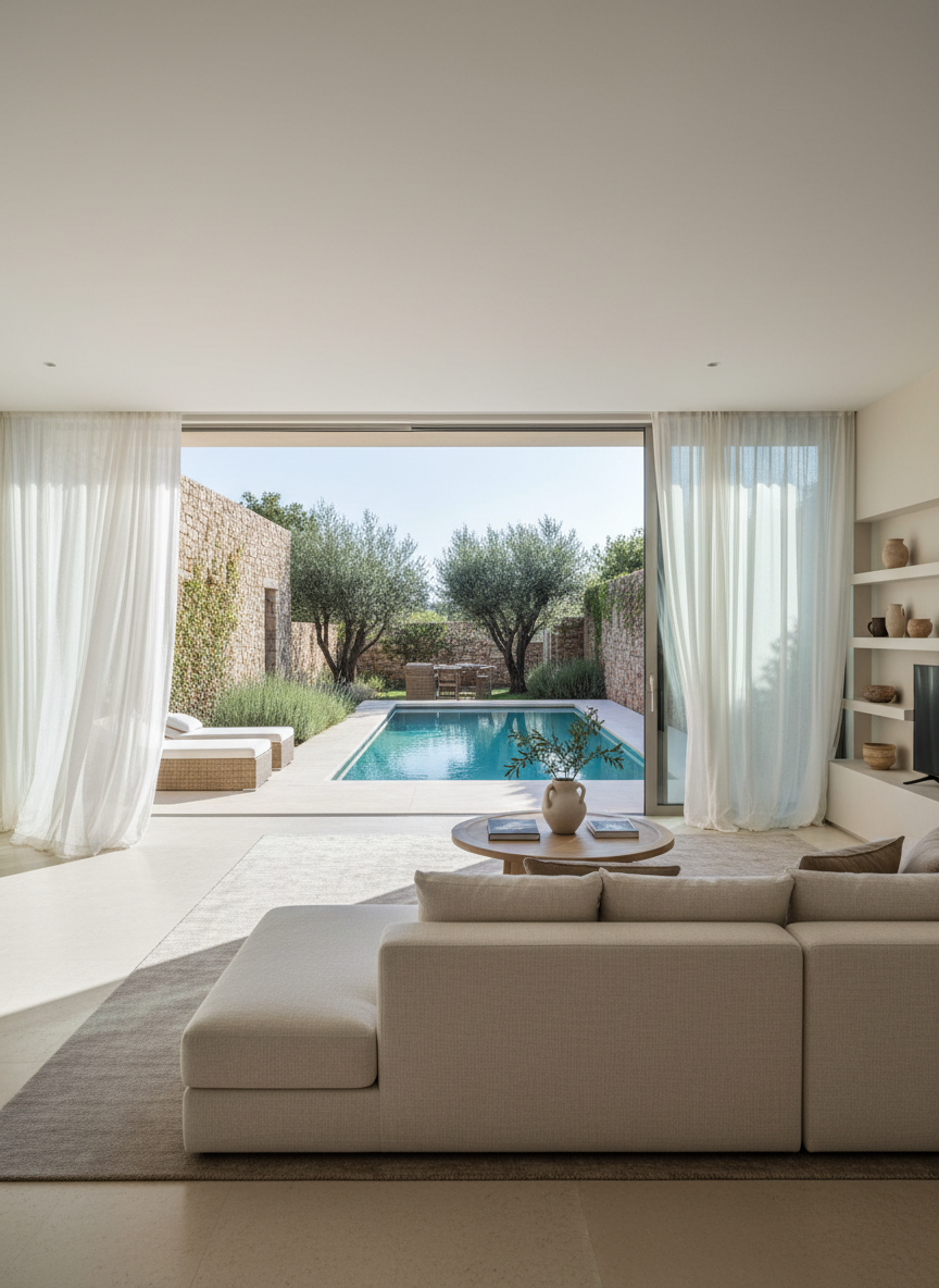 A bright, sophisticated villa living room opening directly onto a private pool terrace through wide sliding glass doors. Inside, there is a large cream-colored sectional sofa with textured linen upholstery, a low oak coffee table, and a minimalist built-in TV wall. Outside, the turquoise pool and lush olive garden are visible, framed by high privacy walls and dense greenery. Soft morning sunlight filters through sheer white curtains, casting delicate patterns on the polished stone floor. Photographed from the interior toward the terrace at eye level, using a wide-angle lens to show both indoor comfort and outdoor luxury in one composition. The mood is airy, calm, and premium, with photographic realism and a clean, contemporary aesthetic ideal for showcasing family-friendly, secluded villa rentals.