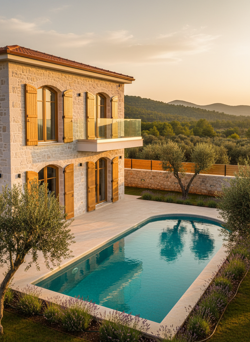 A luxurious stone-clad villa façade in Fethiye Çamköy, with soft cream walls, natural wood shutters, and a sleek glass balcony overlooking a private turquoise pool. The villa is surrounded by manicured olive trees, lavender borders, and low stone walls, set against distant pine-covered hills. Late afternoon golden sunlight washes over the scene, creating long, elegant shadows and subtle highlights on the pool’s ripples. Photographed at eye level with a wide-angle lens, capturing the entire property in crisp detail, with a slightly blurred mountain horizon for depth. The atmosphere is serene, sophisticated, and inviting, emphasizing privacy and exclusivity in a photographic realism style suitable for a premium villa rental homepage.