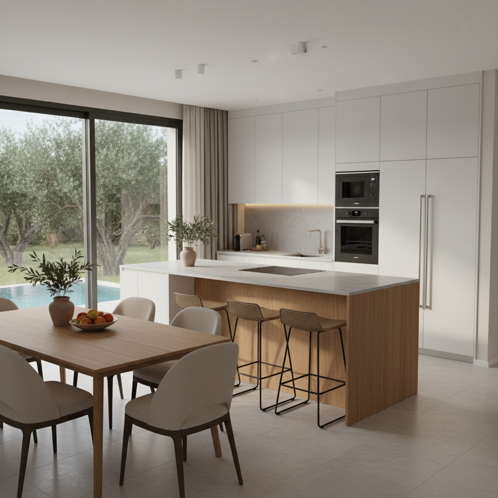 A tastefully designed open-plan kitchen and dining area in a Fethiye Olive Garden villa, featuring matte white cabinetry, a smooth light-gray stone countertop, and a central island with natural oak accents. High-end built-in appliances, a discreet induction hob, and a minimalist backsplash underline the modern aesthetic. A solid wood dining table with slim, elegant lines sits near a large window overlooking olive trees and the private pool. Soft, diffused afternoon light enters through the window, creating gentle reflections on the countertop and subtle shadows under the table. Photographed at eye level with a slight diagonal angle, capturing both kitchen and dining in one harmonious composition. The atmosphere is refined, functional, and welcoming, conveying the comfort of long-stay villa rentals in a clean, contemporary, photographic realism style.